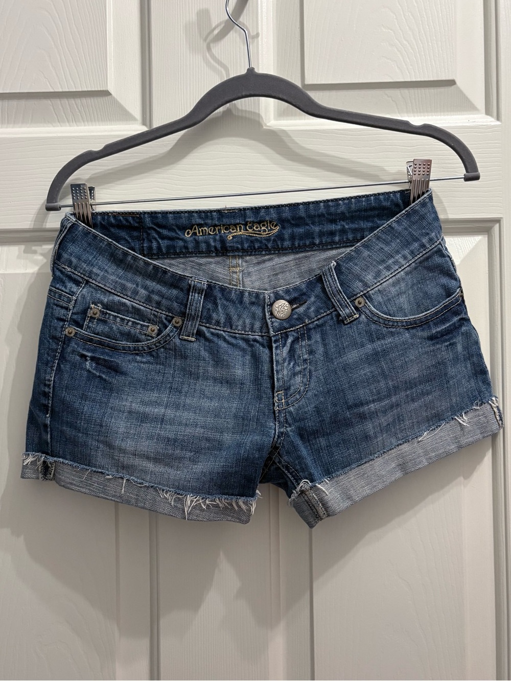 American Eagle Vintage Y2K Low Rise Distressed Denim Cuffed Shortie Shorts